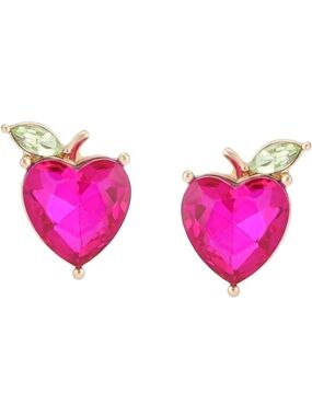 Betsey Johnson Hot Pink Heart Apple Stud Earrings with Light Green Leaf
